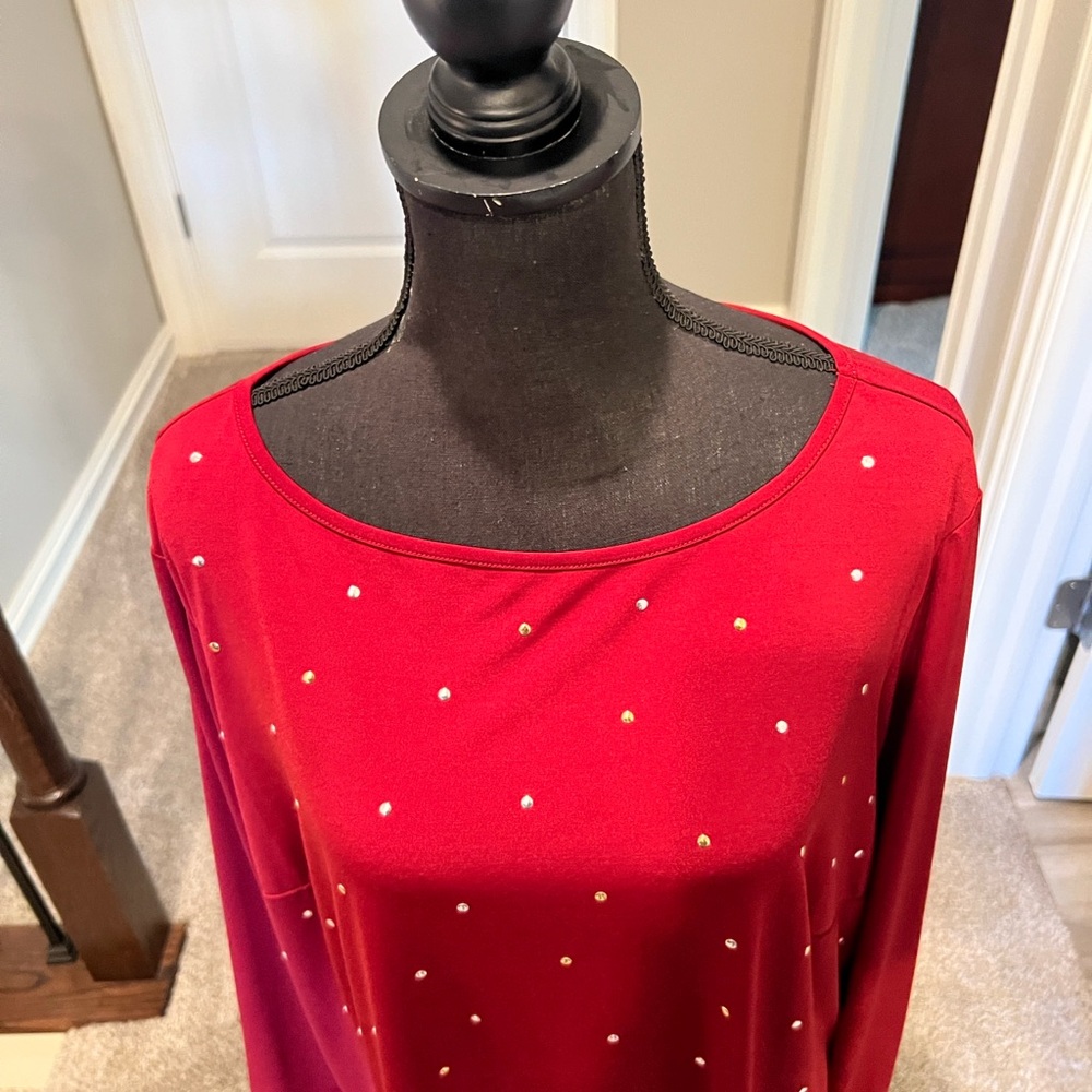 Joan Rivers Red Rhinestone Studded Top 2X Women Long Sleeve Stretch Blouse - Picture 6 of 12